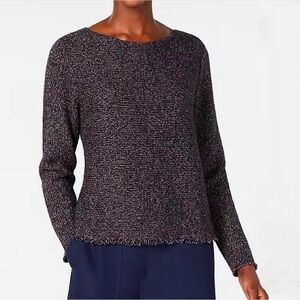 Eileen Fisher Wool Blend Long-Sleeve Fringe-Hem Sweater Medium